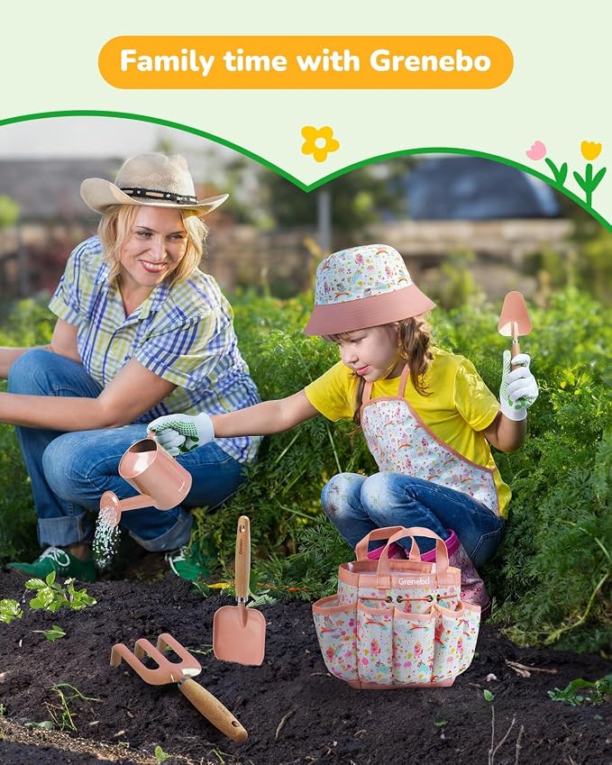 Grenebo Kids Gardening Set Toys, Quality Garden Tool Kit for Kids and Toddlers, Includes Two Shovels, Garden hat,Rake, Apron,Gloves, Watering Can, and Tool Bag (Pink)