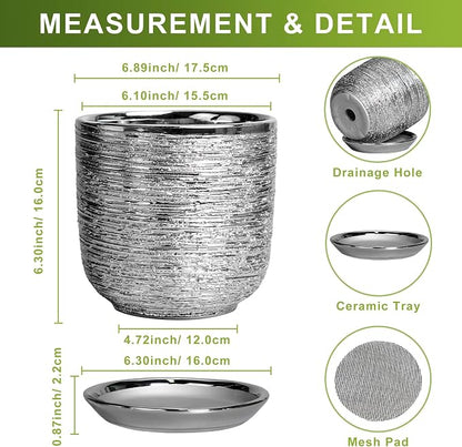 Ceramic Flower Pot - 7 Inch Ceramic Plant Pot for Indoor Flowers, Modern Outdoor Round Planter with Drainage Hole and Saucer, Gifts for Plant Lovers, Home Garden Decor, Silver