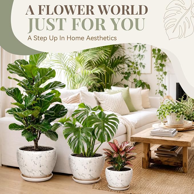 9.5 Inch Ceramic Plant Pot with Drainage Hole Mesh Net,Modern Gardening Pots for Indoor Plants with Saucer, White Silk