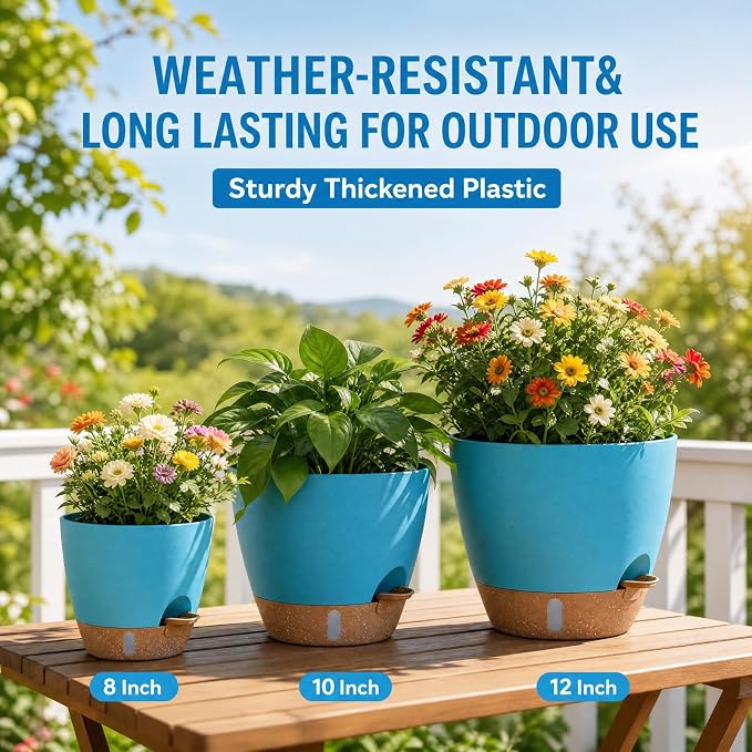 Ecolley Plant Pots 8/10/12 Inch Self Watering Pots, Set of 3 Plastic Planters with Drainage Holes and Saucers,Plastic Flower Pots,Nursery Planting Pot for Indoor Out Door PlantsBlue Green | Plastic Planters, Drainage Holes and Saucers, Indoor Outdoor U...