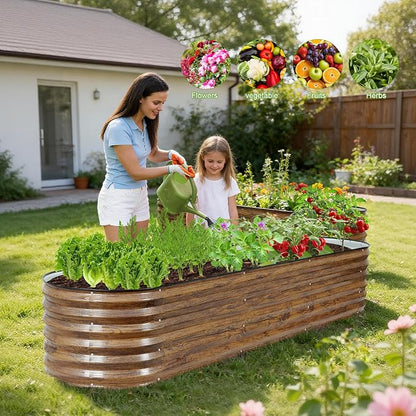 Galvanized Raised Garden Bed Outdoor- 2PCS 8x2x1.4ft Oval Steel Raised Beds for Gardening, Metal Planter Box with Protective Strip and Gloves for Vegetables, Flowers, Fruits (Brown)