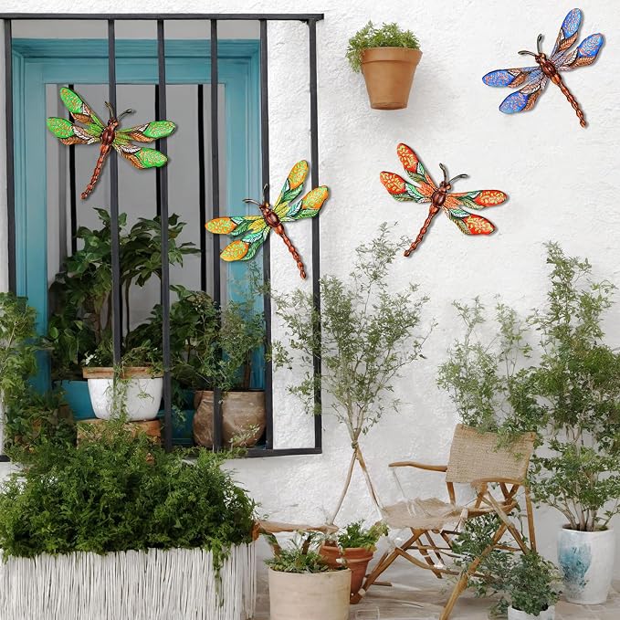 Metal Dragonfly Wall Decor 3D Colorful Outdoor Fence Wall Art Decor Hanging Decoration for Your Garden Yard Patio Balcony
