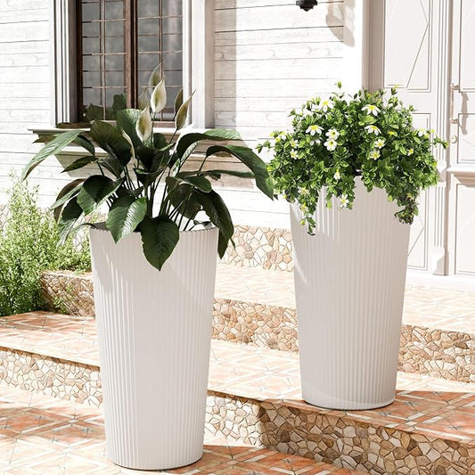 24" H Tall Planters for Outdoor Plants, 2 Pack Large Outdoor Planters for Front Porch Decor with Drainage Hole, Plastic Striped Flower Pots Fits Indoor Plants Patio Garden, Black