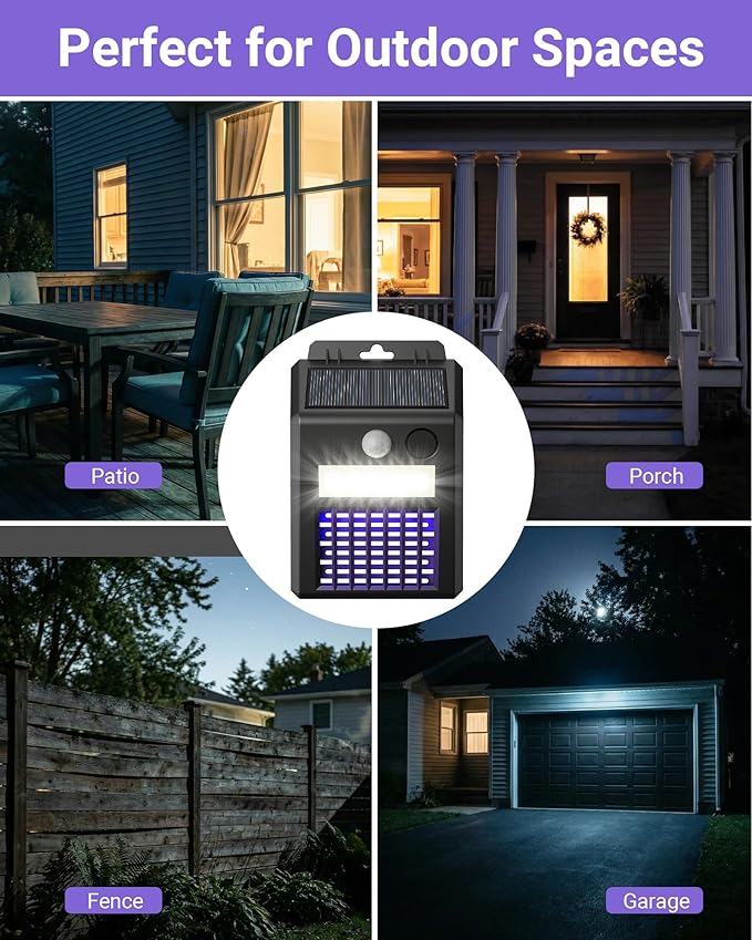 Solar Bug Zapper Outdoor - 2-in-1 Waterproof Cordless Mosquito Zapper with 3 Modes, Motion Sensor Light & UV Light, Rechargeable Mosquito Killer Lamp for Patio Yard Garden