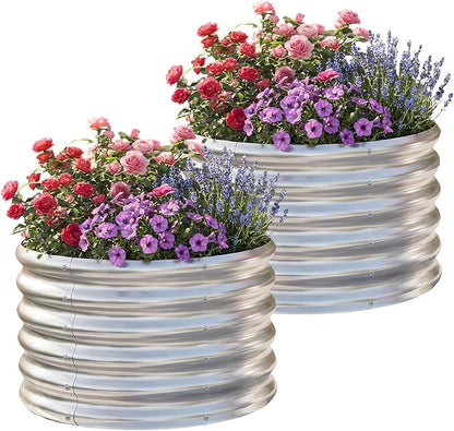 AHEONLAR 2 Pack 2x2x1.5ft Round Galvanized Raised Garden Bed Outdoor Metal Planter Box for Vegetables Steel Raised Beds for Gardening Silver