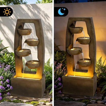 37.6" Outdoor Water Fountain, 4 Tier Bowl Cascading Freestanding Water Fountain, Modern Garden Water Feature with LED Lights, Suitable for Patio Yard Porch Landscape, Brown