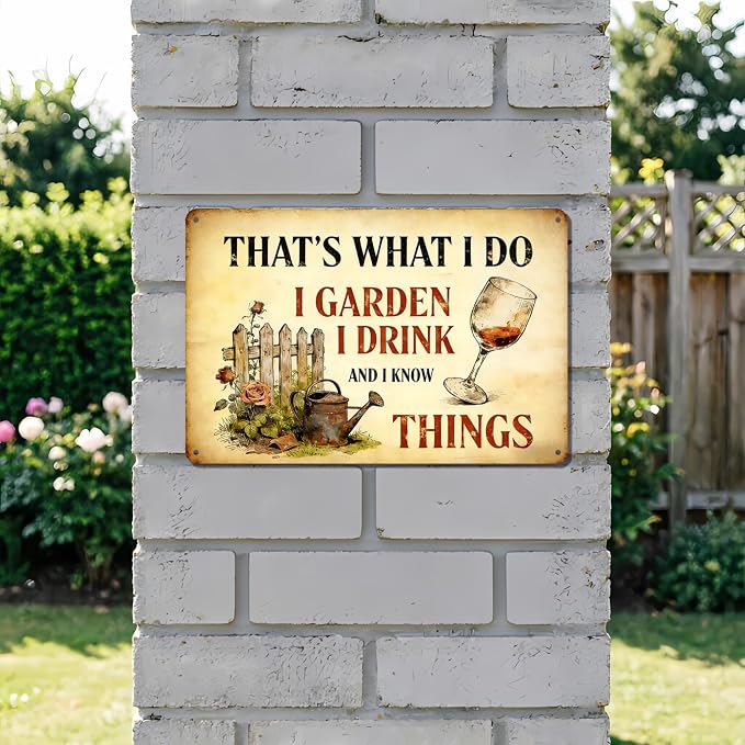 Funny Garden Metal Signs, Vintage Outdoor Wall Decor 12x8 Inch | I Garden I Drink, Weatherproof Aluminum Sign for Patio Yard Greenhouse, Gift For Gardeners