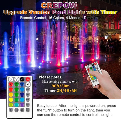 RGBW Pond Lights with Timer, 18 LED Super Bright Underwater Submersible Fountain Lights Color Changing Spotlights, Remote Control IP68 Waterproof for Fish Aquarium Tank Pool Garden(Set of 4)
