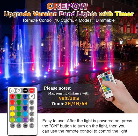 RGBW Pond Lights with Timer, 18 LED Super Bright Underwater Submersible Fountain Lights Color Changing Spotlights, Remote Control IP68 Waterproof for Fish Aquarium Tank Pool Garden(Set of 4)