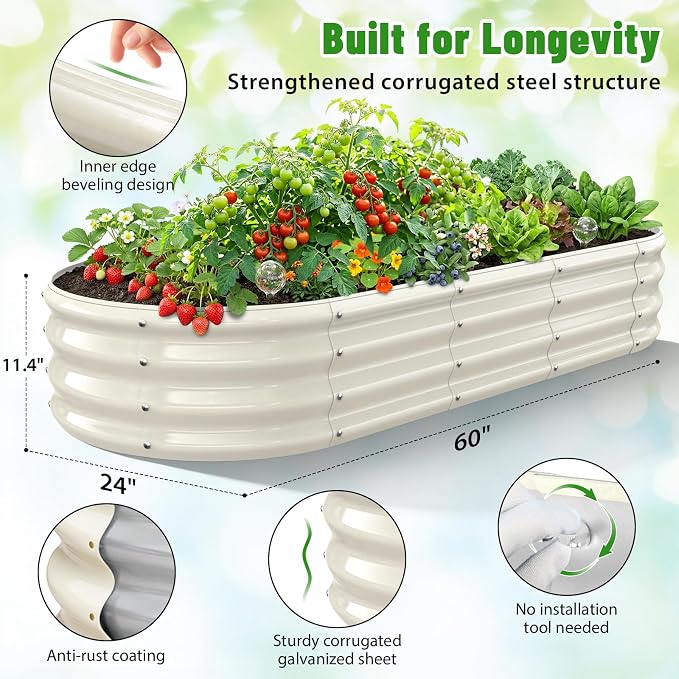 Oval Raised Garden Bed, 5 x 2 x 1FT, Galvanized Steel Planter Box with Wave-Shaped Metal Panels Painted for Outdoor Flower,Tree,Herb & Vegetable Garden (White, 60X24X12 inches)