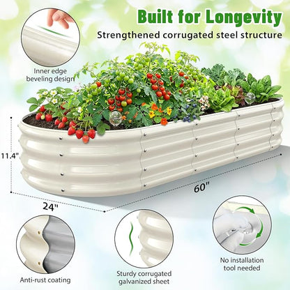Oval Raised Garden Bed, 5 x 2 x 1FT, Galvanized Steel Planter Box with Wave-Shaped Metal Panels Painted for Outdoor Flower,Tree,Herb & Vegetable Garden (White, 60X24X12 inches)