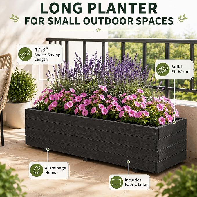 Fir Wood Raised Garden Bed Rectangular Planter for Outdoor Tomato Planter | For Herbs & Flowers Garden Includes Fabric Planter Liner, 4 Drainage Holes