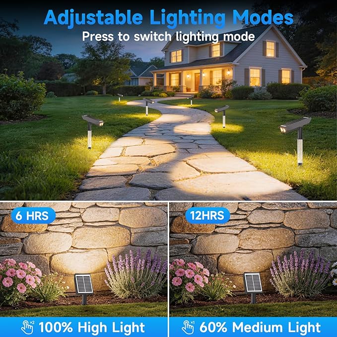 Solar Lights Outdoor Waterproof IP65，Outside Solar Landscape Spotlight with Ambient Light Column and Adjustable Aperture for Garden Yard Pathway Lawn，2 IN 1 Can Used as Wall Lamp，Warm White- 6 Pack