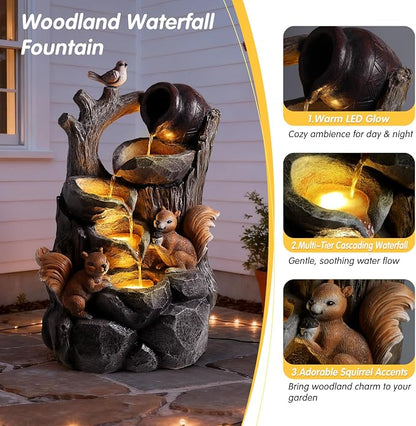 30.1" Outdoor Water Fountain with LED Lights, 4-Tier Waterfall Garden Decor with Squirrel Design, Resin Waterfall Fountain with Pump, Garden Water Feature for Patio Porch Yard, Gray