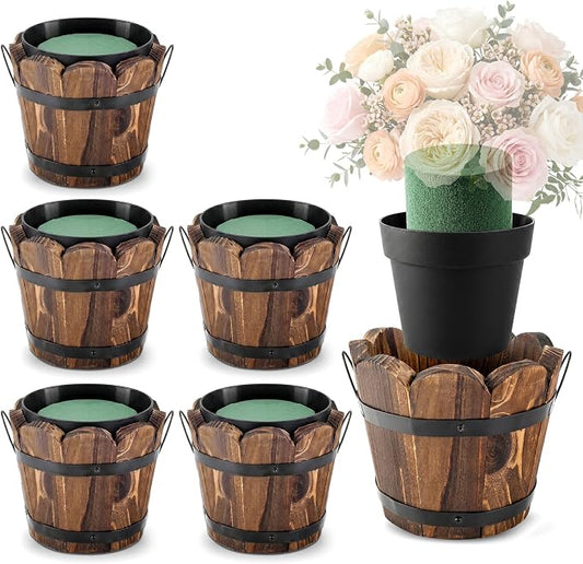 Max Shape Whiskey Barrel Planter, Rustic Wood Plant Pots with Removable Plastic Liner & Floral Foam, Planters for Wedding Table Centerpiece, Farmhouse Home Garden Kitchen Party 4.7x3.5x3.9 (6 Pack)