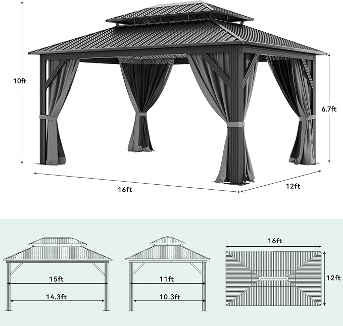 YITAHOME 12x16ft Hardtop Gazebo with Nettings and Curtains | Heavy Duty Double Roof Galvanized Steel Outdoor Combined of Vertical Stripes Roof for Patio, Backyard, Deck, Lawns, Gray