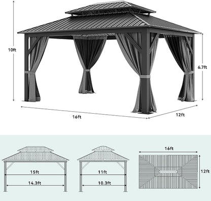 YITAHOME 12x16ft Hardtop Gazebo with Nettings and Curtains | Heavy Duty Double Roof Galvanized Steel Outdoor Combined of Vertical Stripes Roof for Patio, Backyard, Deck, Lawns, Gray