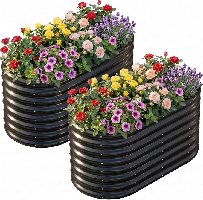 AHEONLAR 2 Pack 4×2×2ft Galvanized Raised Garden Bed Outdoor, Oval Sturdy and Durable Planter Boxes for Vegetables, Fruits, Flowers and Plants, Easy Assembly, Black