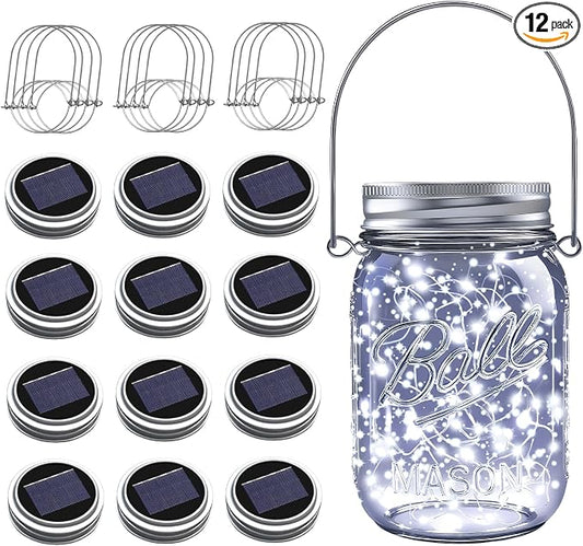 Mason Jar Solar Lights for Outside, 12 Pack 30LED Fairy Lights Mason Jar Solar Lids Outdoor Waterproof String Lights with Hangers(NO Jars) for Patio Garden Yard Lawn Decoration - Cool White