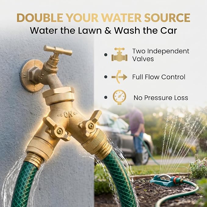 Morvat Brass Heavy-Duty Garden Hose Water Splitter | LEAD-FREE 2-Way Y Splitter for Water Spigot & Faucet | Manifold Connector ON/OFF Valves Improved Comfort Grip, 3 Extra Washers & Teflon Tape, 2 Pk