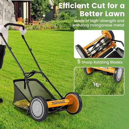 IRONMAX Lawn Mower, 16 Inch Push Reel Lawn Mower with 5 Steel Blades, Adjustable Cutting Heights, Grass Catcher Bag, Walk-Behind Manual Lawnmower for Garden Park Yard, No Motor (Orange, 16 Inch)