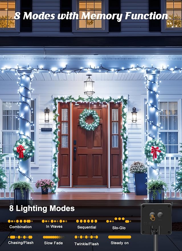 Brightown Solar String Lights Outdoor, 2 Pack Total 80FT 200 LED Solar Powered String Lights Waterproof with 8 Modes, Auto On/Off, Patio Lights for Outside Tree Garden Balcony Party Decor (Cool White)