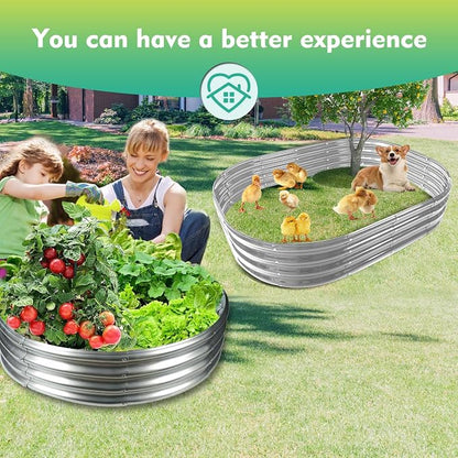 12 Inch Tall 48 Inch Diameter Round Silver Raised Garden Bed Kits Outdoor | 1 FT Tall,4 FT Planter Bed for Flowers,Herbs,Vegetables,Trees,0.8MM Thick Galvanized Metal Painted,with Gloves,Tool free