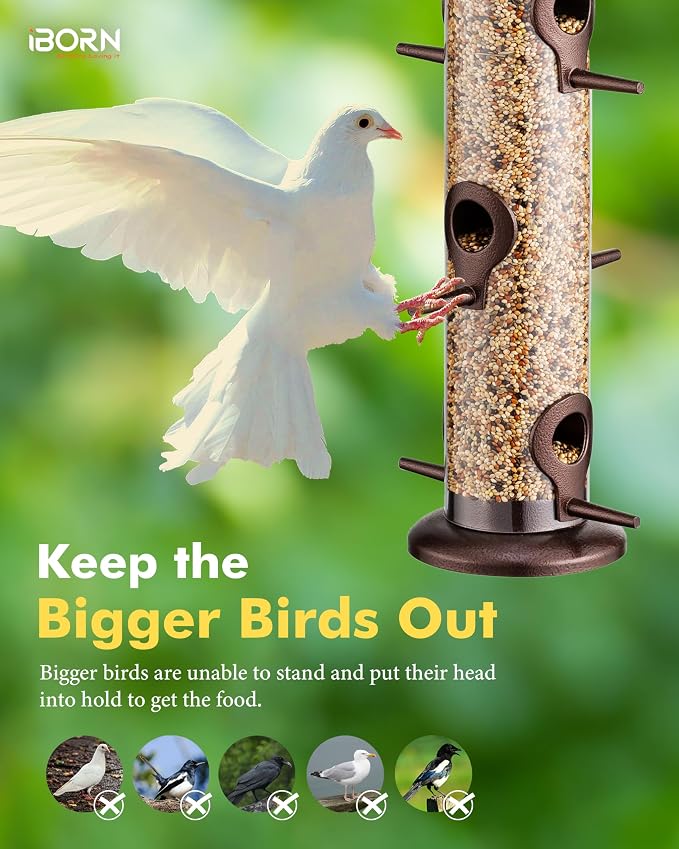 iBorn Metal Bird Feeder Hanging Wild Bird Seed Feeder for Mix Seed Blends Heavy Duty All Metal Coffee Finish,15 Inch 6 Port(Seed is not Included)