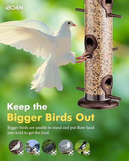 iBorn Metal Bird Feeder Hanging Wild Bird Seed Feeder for Mix Seed Blends Heavy Duty All Metal Coffee Finish,15 Inch 6 Port(Seed is not Included)