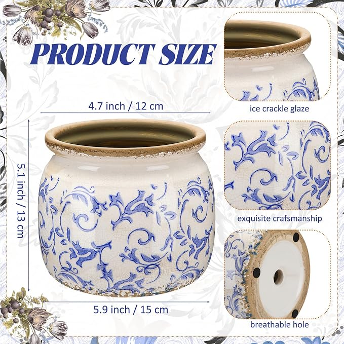 Vintage Planter Large Ceramic Plants Pot Blue Chinoiserie Crack Cottage Scroll Vase Flower Vase Pot Indoor Plants Home Kitchen Decor Farmhouse Antique Decorative Gift