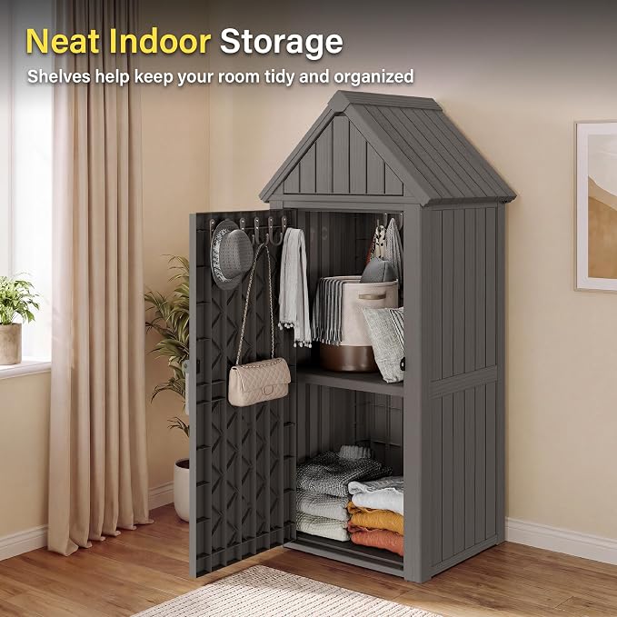 Bifanuo Deck Box Storage Shed Outdoor Storage Cabinet, Vertical Waterproof Resin Material Plastic Shed with Removable Shelves, 12 Hooks and Lock Ring for Garden, Pool and Patio (Classic Grey)