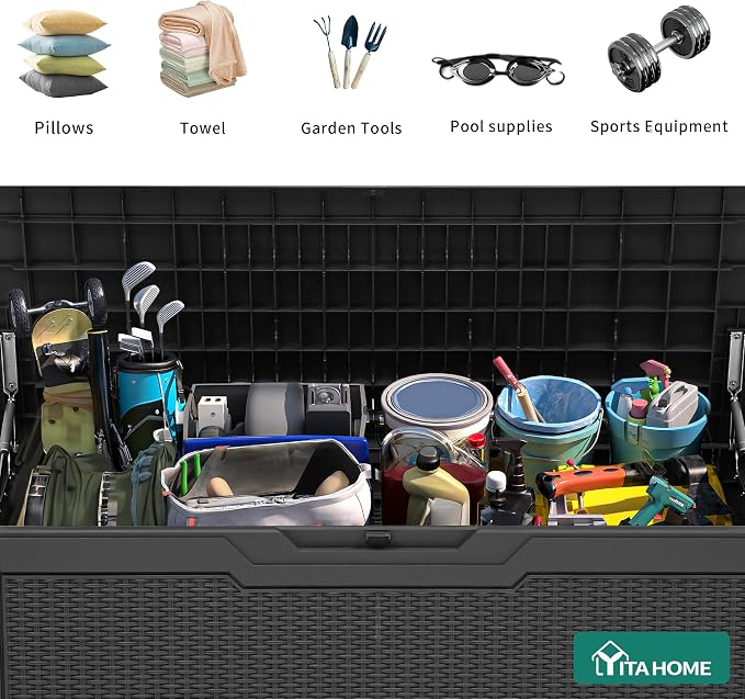 YITAHOME 80 Gallon Resin Deck Box | Weather Resistant Outdoor Rattan Storage Box, Lockable Indoor Outdoor Storage for Supplies and Essentials, Dark Gray