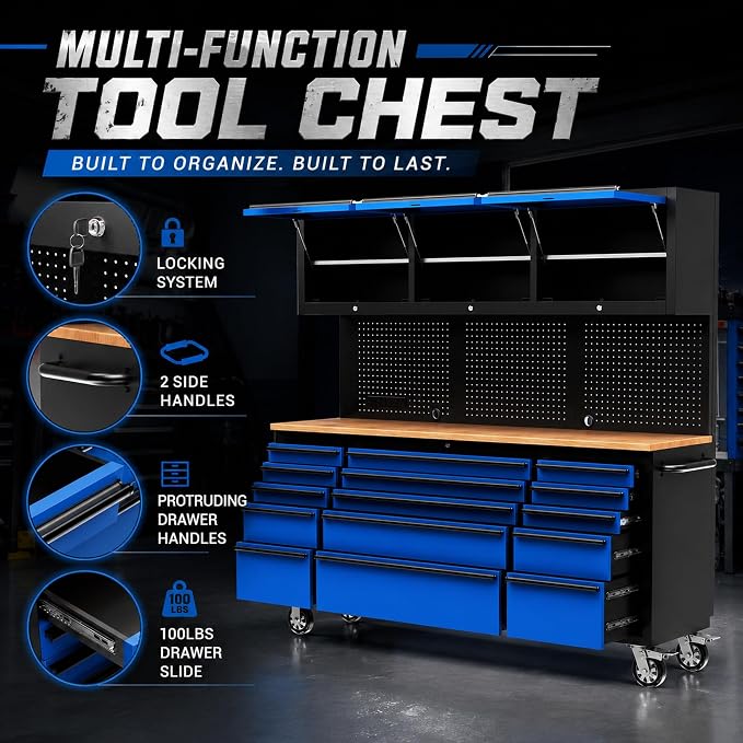 CHETTO C 72 inch Tool Chest Tool Box Mobile 15 Drawer Storage 3 Upper Cabinet Power Outlet SS-Pegboard with Wheels Lock Key Locking System Drawer Liners for Garage Warehouse Repair Shop