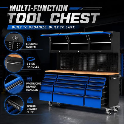 CHETTO C 72 inch Tool Chest Tool Box Mobile 15 Drawer Storage 3 Upper Cabinet Power Outlet SS-Pegboard with Wheels Lock Key Locking System Drawer Liners for Garage Warehouse Repair Shop