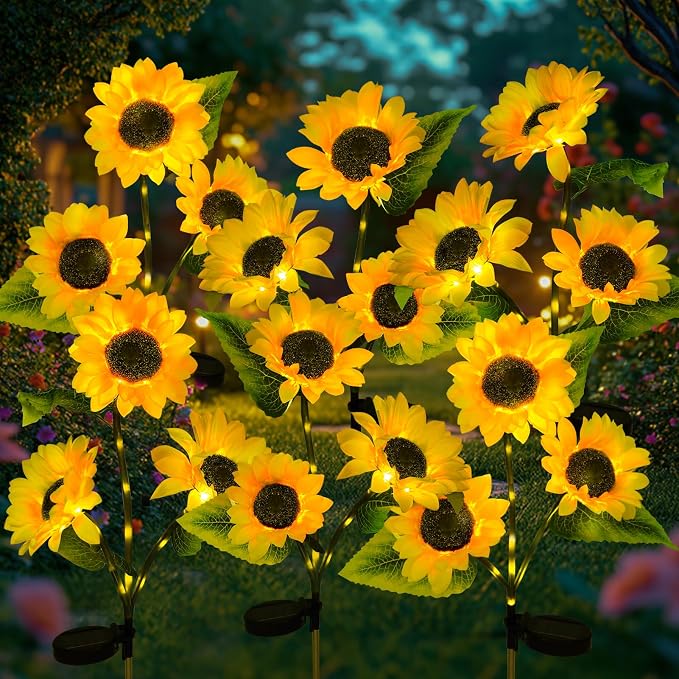 6-Pack Solar Sunflower Garden Lights Outdoor 18 LED Flowers - Waterproof Long-Lasting Solar Patio Lights, Outdoor Decor for Lawn, Yard