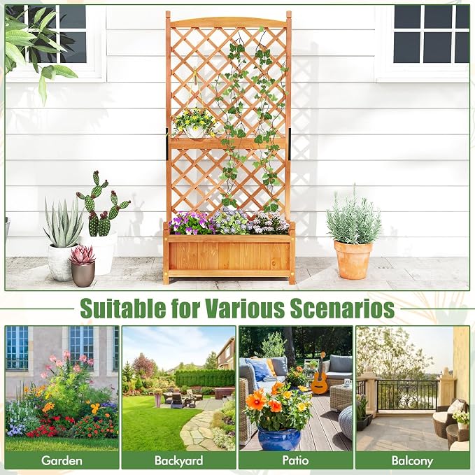 HAPPYGRILL Raised Garden Bed with Trellis, Large Planting Box w/Drainage Holes, 60” Wooden Garden Planter w/Diamond Lattice Trellis for Climbing Plants, Outdoor Planter Box for Patio (2, Orange)