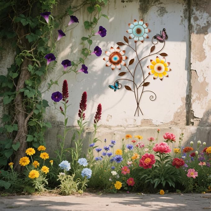 Detene Metal Sunflower Wall Decor with Butterfly 3D Colorful Outdoor Wall Art Fence Decorations for Patio Metal Flowers Wall Hanging Ornament for Garden Porch Living Room Balcony Farmhouse（Restocking soon）