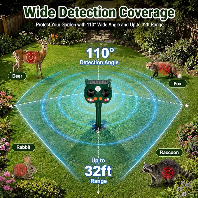4Pack Solar Animal Repeller Outdoor, Sonic Fortress Pro Deer Repellent | Sensor & LED Flashing Lights, Solar Deer Rabbit Squirrel Raccoon Cat Repellent, IP65 Waterproof Garden Yard Protector