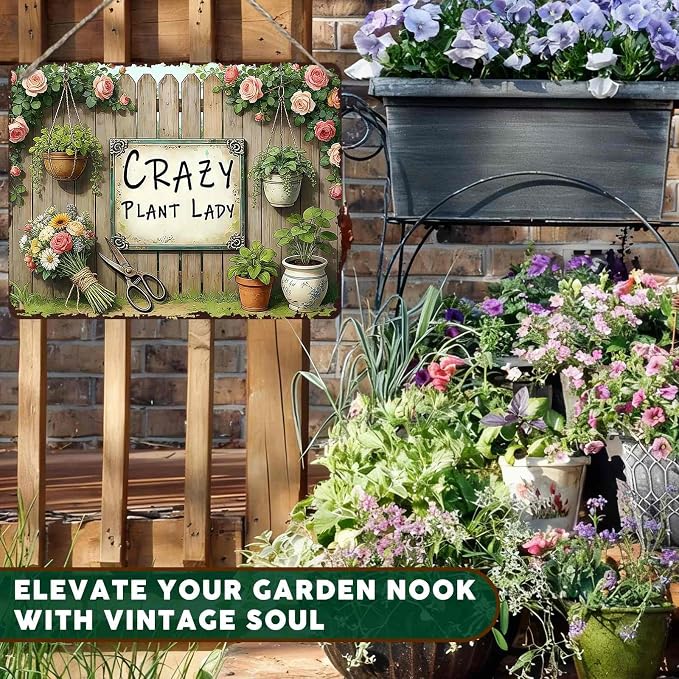 PEACHGARDEN Garden Signs Gardening Wall Decor For Woman Gift Crazy Plant Lady Metal Sign Wall Art Decor For Garden Yard Patio Plant Room Greenhouse 12x16 inch