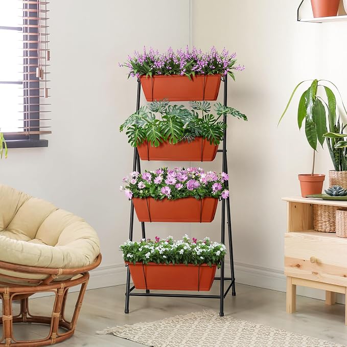 4 Tier Vertical Raised Garden Bed Planters for Outdoor Plants Herb Garden Planter with Drainage Holes Standing Garden Planters for Herbs Flowers Vegetables Plants (Brick Red)