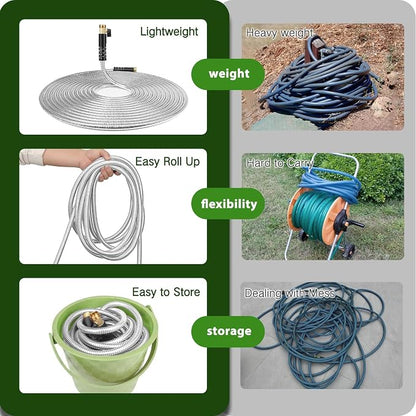 50FT Metal Garden Hose 304 Stainless Steel Flexible Water Hose - No Kink & Tangle Heavy Duty Pipe with Nozzle, Durable 3/4 Brass Fittings and Valve - Rust Proof Puncture Proof for Yard Lawn