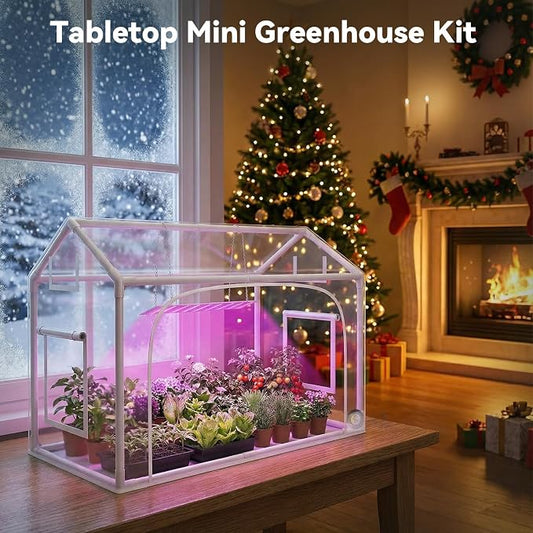 Mini Greenhouse with Grow Light & Timer & Hygrothermograph, 30"x16"x20" Indoor/Outdoor Tabletop Greenhouse with 96 LEDs Dimmable Full-Spectrum Lights (3 Colors), for Houseplants,Seedlings, Outside