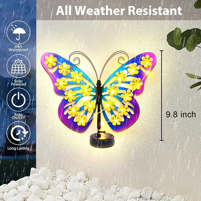 Solar Lights Outdoor Metal Butterfly Wall Decor with 30 Led-13.5" Outdoor Fence Wall Art Decor, Gifts for Women Mom Grandma Birthday,Hanging Decoration for Garden Patio Porch Yard,Xmas gifts for women