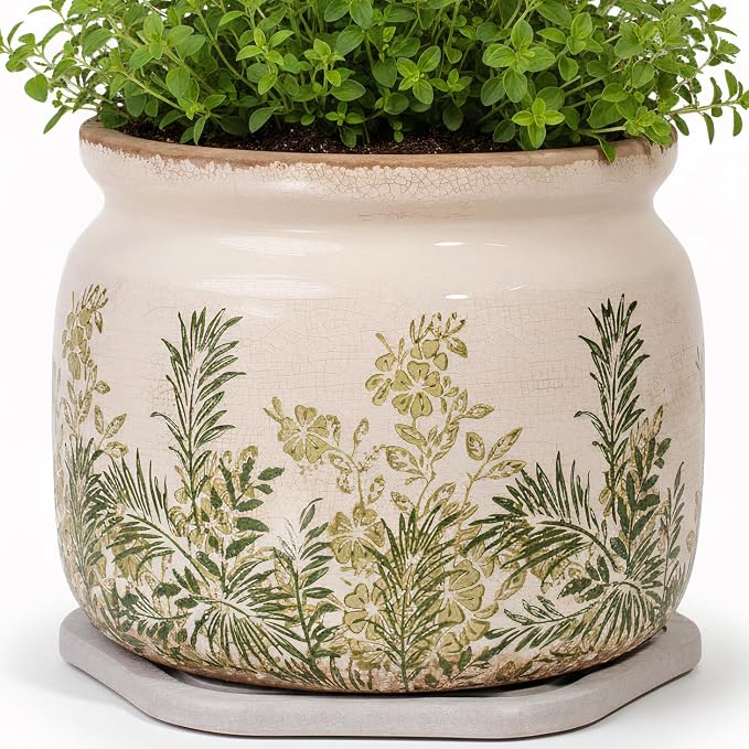 Cottage Ceramic Flower Pots with Decorative Saucer, Plant Lover Gifts | 7.7" Large Indoor Plant Pot, Handmade Antique Crackled Glaze Planter, Rustic Farmhouse Home Decor, Gardening Gifts For Women