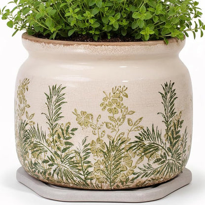 Cottage Ceramic Flower Pots with Decorative Saucer, Plant Lover Gifts | 7.7" Large Indoor Plant Pot, Handmade Antique Crackled Glaze Planter, Rustic Farmhouse Home Decor, Gardening Gifts For Women
