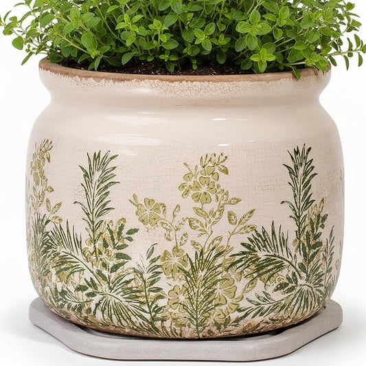 Cottage Ceramic Flower Pots with Decorative Saucer, Plant Lover Gifts | 7.7" Large Indoor Plant Pot, Handmade Antique Crackled Glaze Planter, Rustic Farmhouse Home Decor, Gardening Gifts For Women