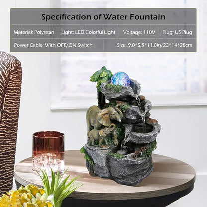 Dyna-Living Elephant Fountain Tabletop Waterfall Fountain Indoor with LED | Colorful Light Water Fountains and Waterfalls with Rolling Ball, Quiet Pump with OFF/ON Switch, Zen Home & Office Desk Décor