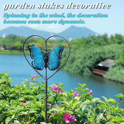 Decorative garden stakes,rotating butterfly garden stake,cemetery decor | vintage blue metal garden decor;perfect for flower pots, outdoor gardens, lawns and garden decor for outside