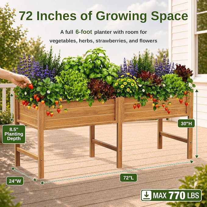 YEFU 72" Large Raised Garden Bed, Wood-Look HIPS 6ft Extra Large Bed, Teak | Extra Large Garden Bed for Backyard Growing, 6ft Design, Wood-Look HIPS, Drainage, 770 lbs High Capacity Support