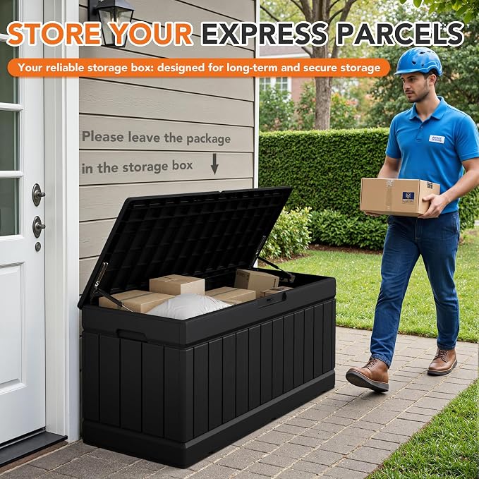 78 Gallon Deck Box Outdoor Indoor Waterproof Storage Box for Patio Furniture, Pool Accessories, Garden Tools, and Cushion Storage, Black
